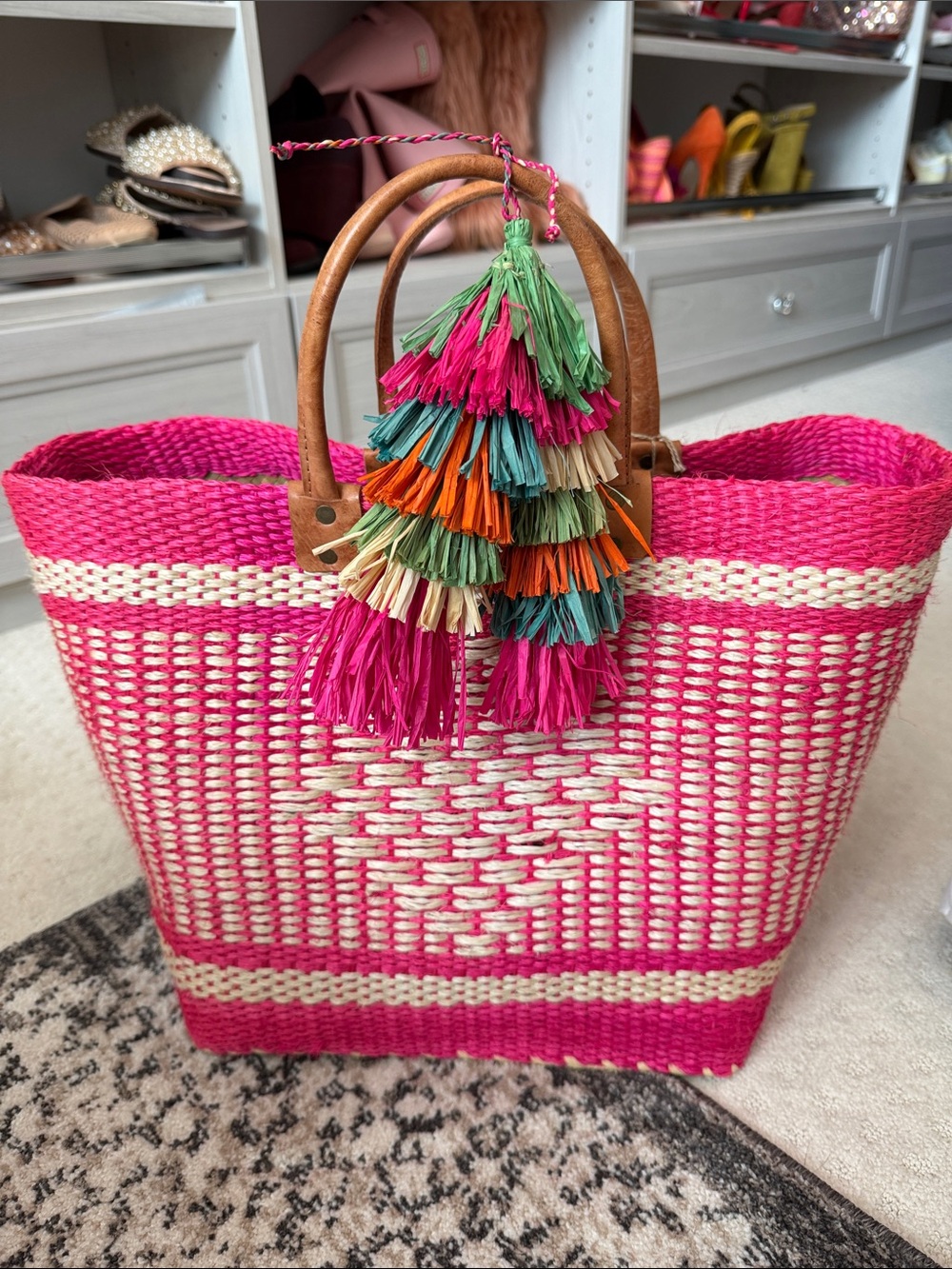 Bright Pink Woven Tote with Multicolor Tassel Charm